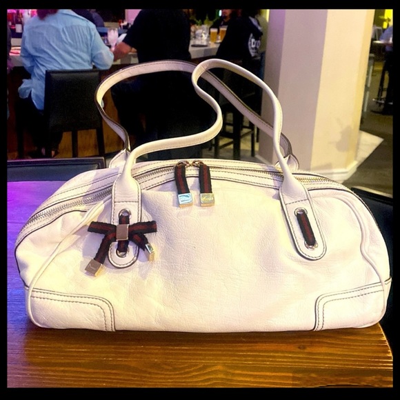 Auth Gucci Princy Boston Bow Web Stripe Offwhite Leather Satchel Shoulder Bag - Picture 1 of 15